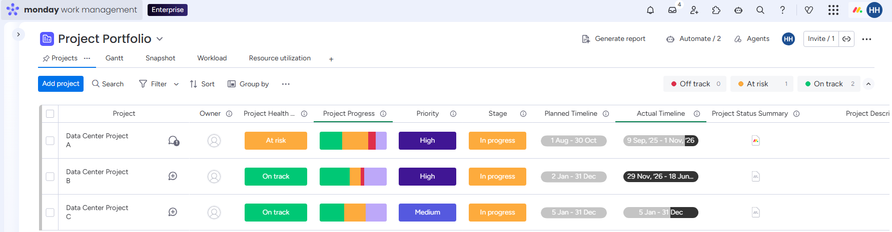 monday.com high-level portfolio board showing project, customer, value, project manager, stage, health and priority side by side