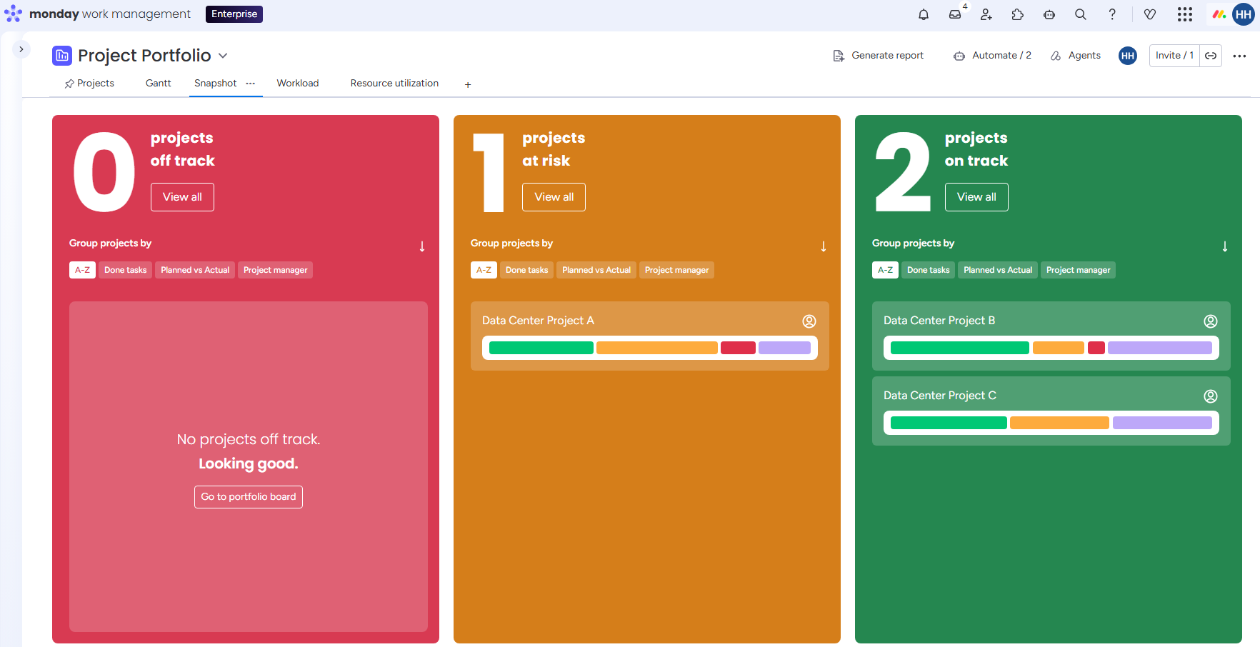 monday.com portfolio health snapshot grouping projects by on track, at risk, delayed and completed status