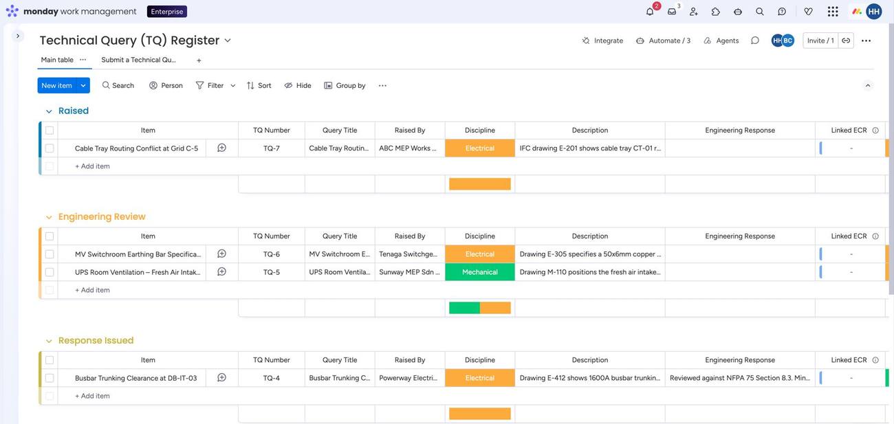 Technical Query Register board on monday.com tracking queries from Raised through Engineering Review to Response Issued