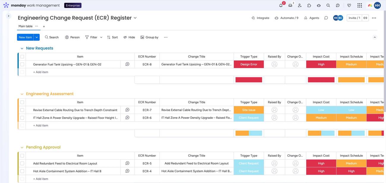 Engineering Change Request Register on monday.com grouped by New Requests, Engineering Assessment and Pending Approval