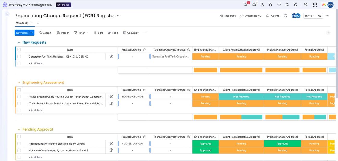 Approval workflow board on monday.com tracking Engineering Manager, Client Representative and Project Manager sign-off